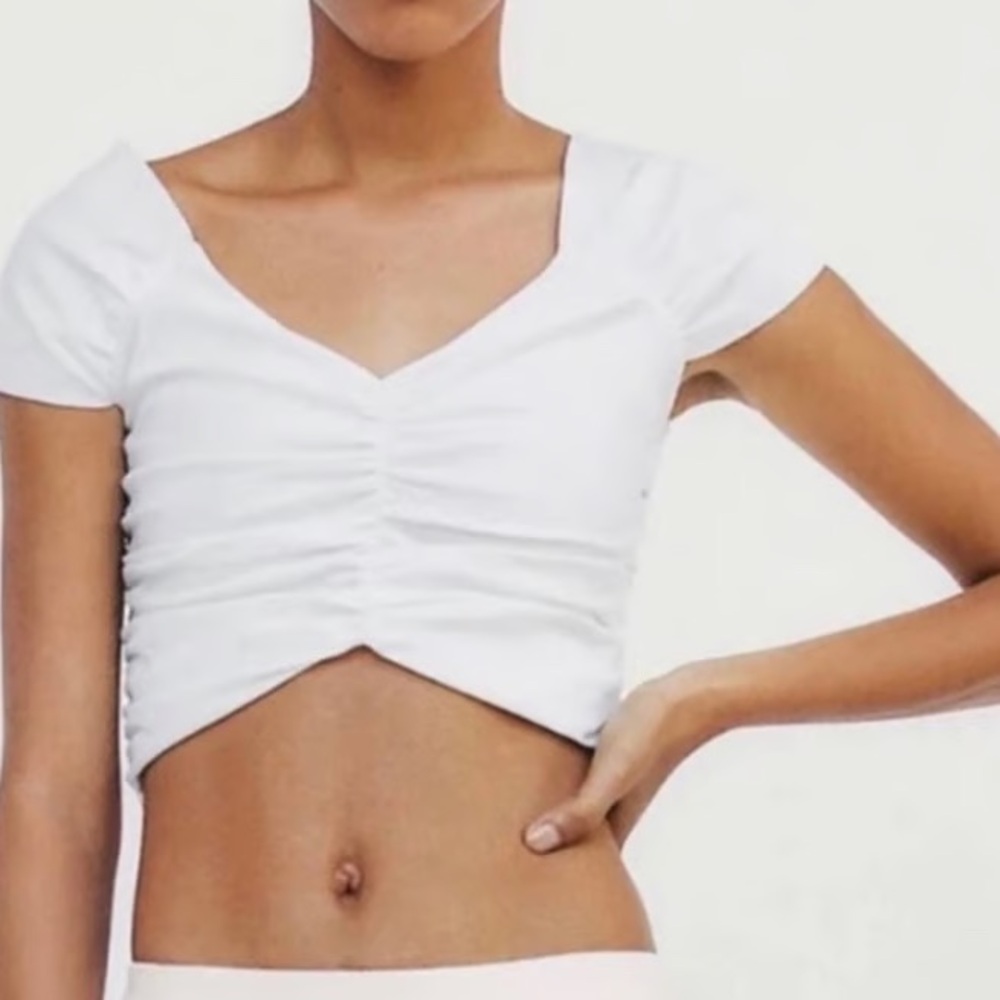 Zara White Ruched V-Neck Crop Top